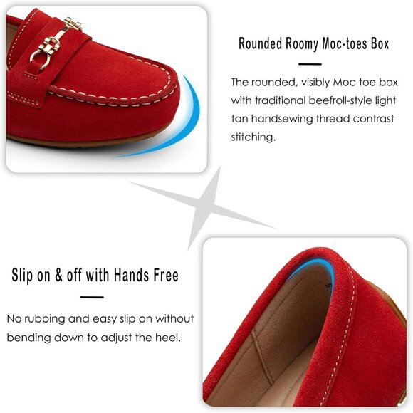 Kordal Women's Red Leather Gold Accent Buckle Slip-Ons Comfortable Loafers - Picture 5 of 9